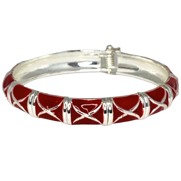 Vintage Red Silver Tone Bangle Bracelet 7.5" Hinged Nautical Formal Christmas - Picture 1 of 10